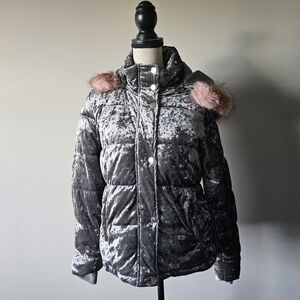 Ci Sono Velvet Gray Winter Jacket with Pink Faux Fur Collar